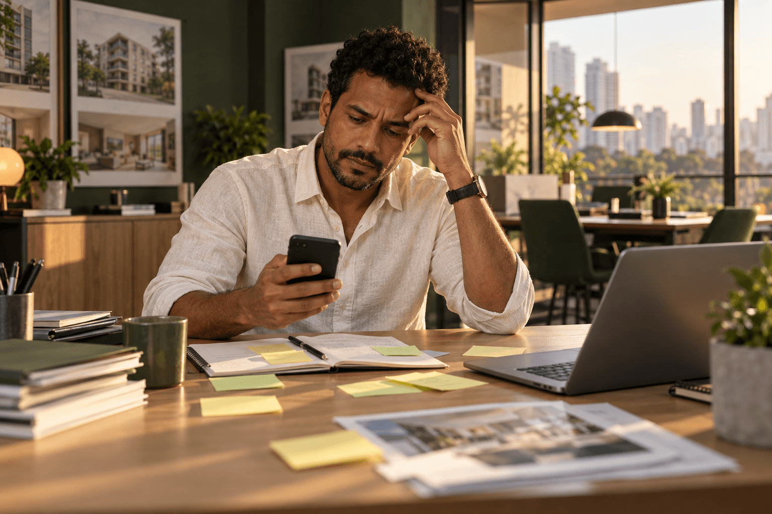 Corretor preocupado com o celular entre anotações, papéis e um computador na mesa.